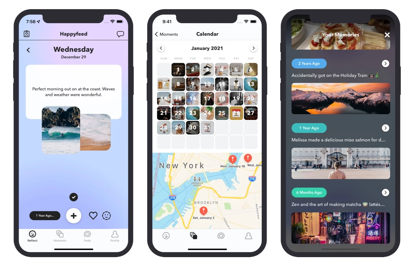Happyfeed screenshots - reflection, calendar, and memories