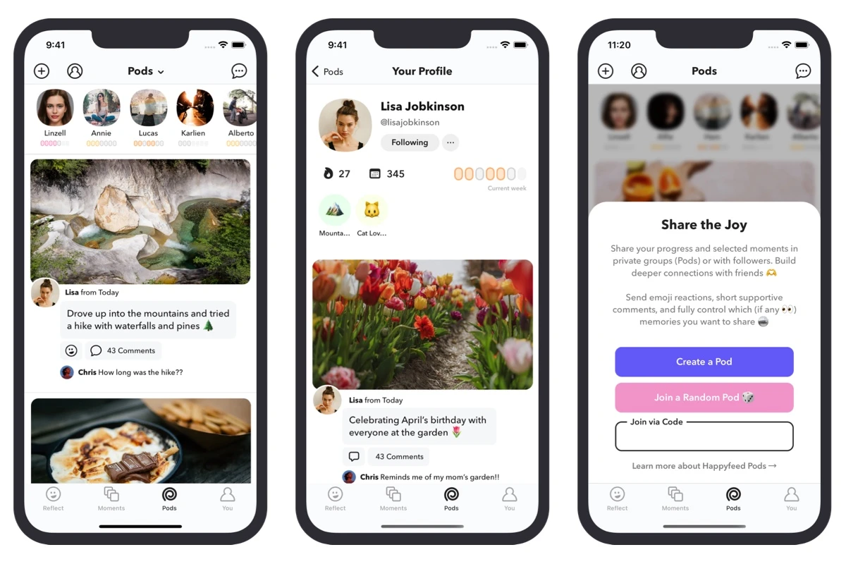 iPhone screen mockups showing Pods feed, profile, and prompt to join
