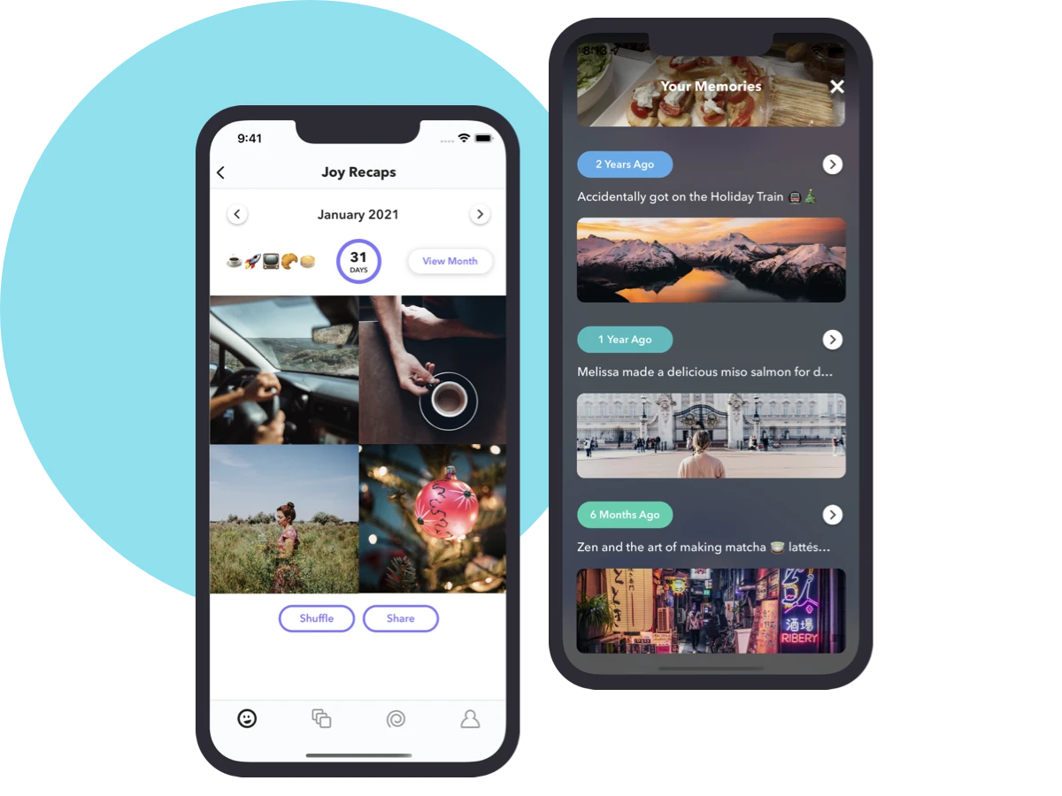 iPhone screens in front of blue circle showing Happyfeed monthly recap and daily memories