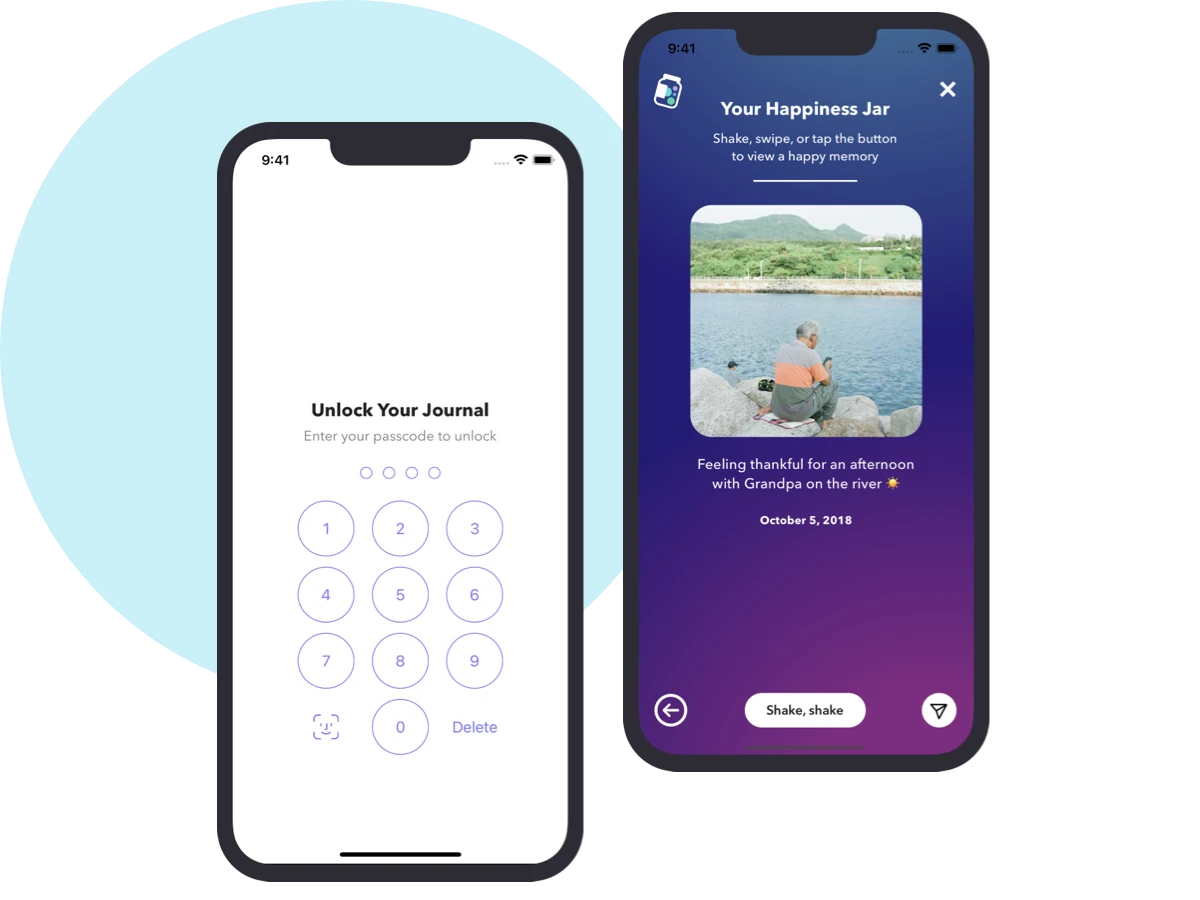 iPhone screens in front of blue circle showing Happyfeed lock screen and happiness jar